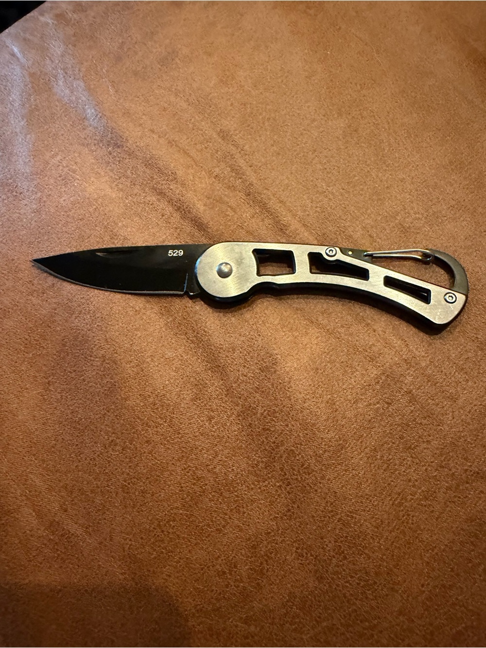 Folding Carabiner Pocket Knife - Black Blade with Silver Handle